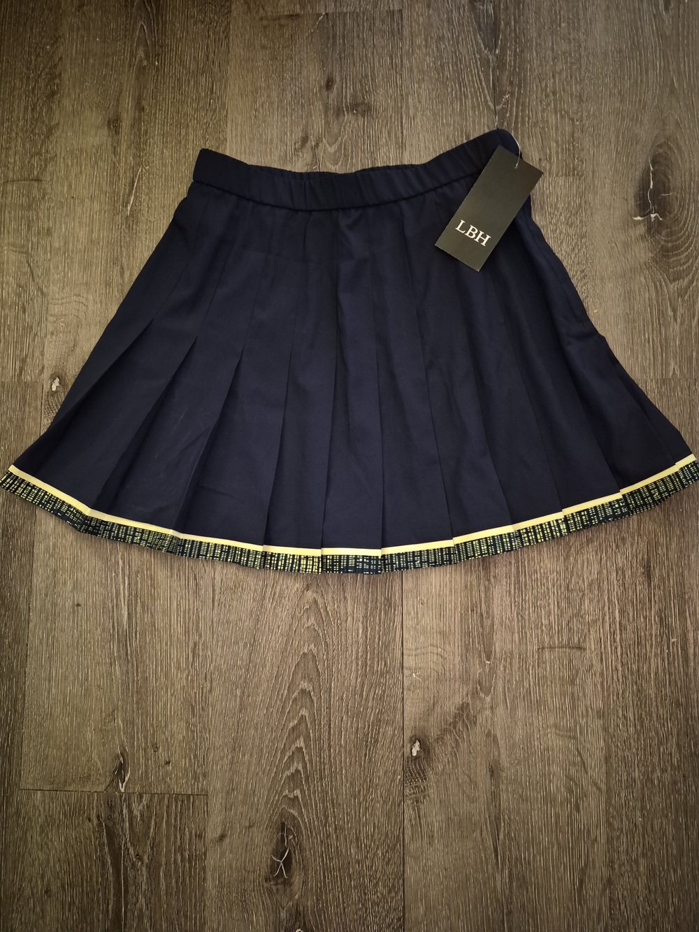 LBH Navy Pleated Skater Skirt with Yellow Hem Trim